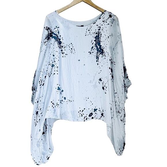 Made Italy Silk Tunic Top White Blue Paint Splatter Abstract Art Blouse Boho - Picture 1 of 8